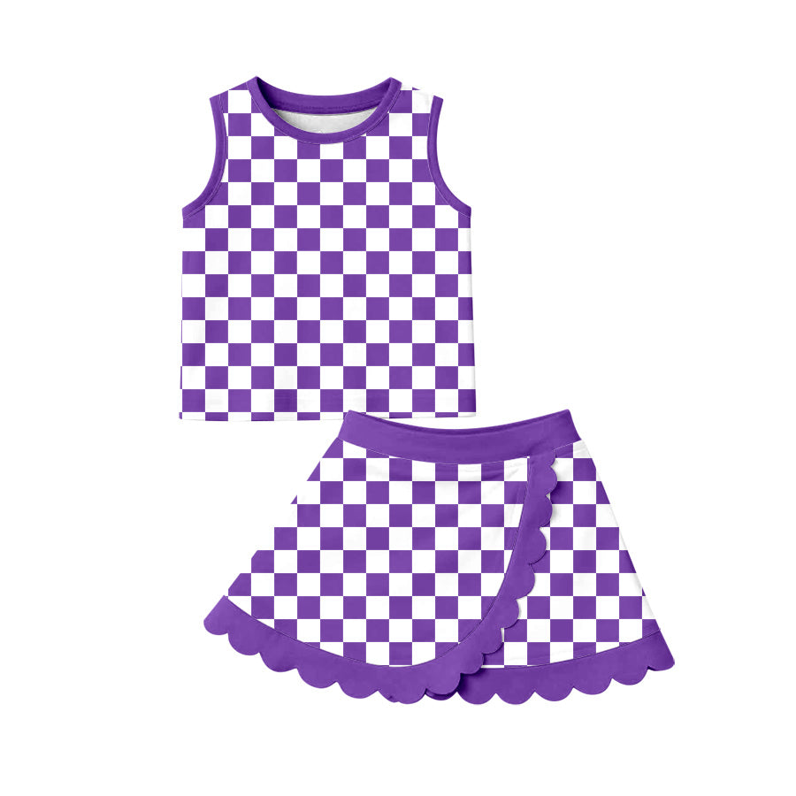 Preorder moq 5 Baby Girls Purple Checked Vest Scallop Skirt Short Yoga Active Clothes Set