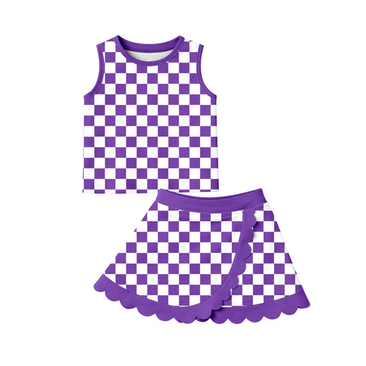 Preorder moq 5 Baby Girls Purple Checked Vest Scallop Skirt Short Yoga Active Clothes Set