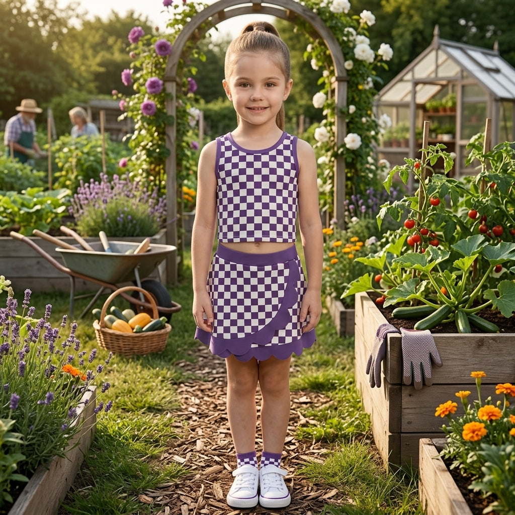Baby Girls Purple Checked Vest Scallop Skirt Short Yoga Active Clothes Set