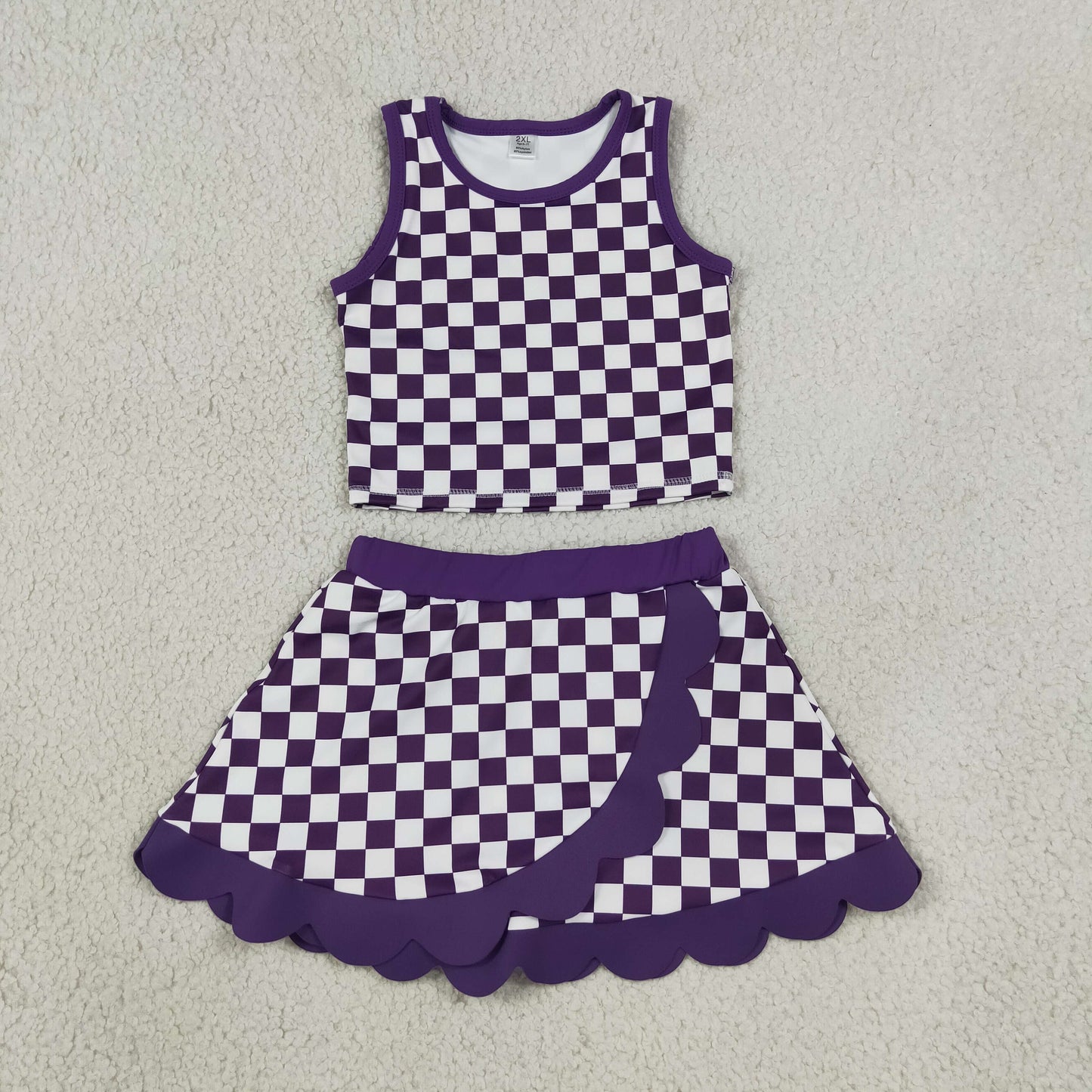 Sibling Baby Girls Colorful Checked Vests Scallop Skirt Short Yoga Active Clothes Sets