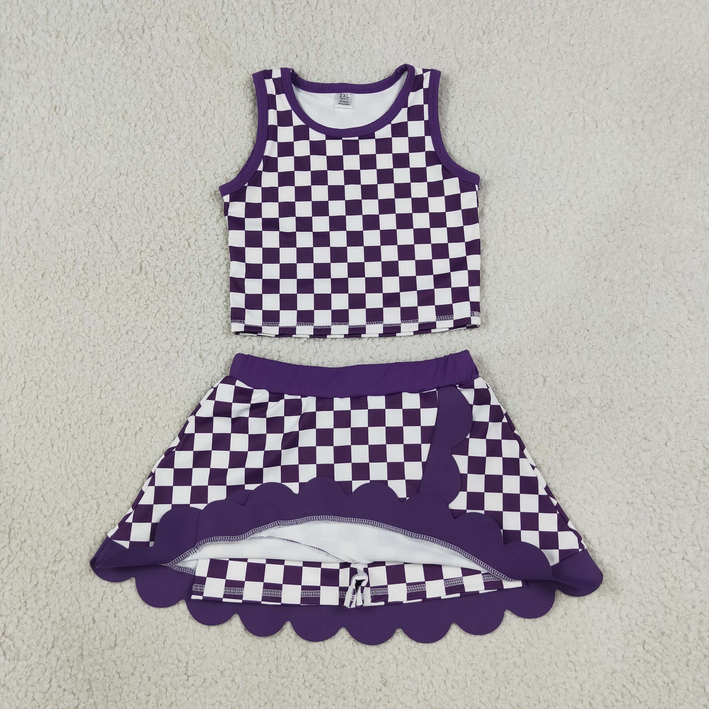 Sibling Baby Girls Colorful Checked Vests Scallop Skirt Short Yoga Active Clothes Sets