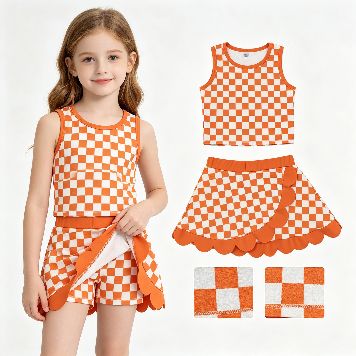 Baby Girls Orange Checked Vest Scallop Skirt Short Yoga Active Clothes Set