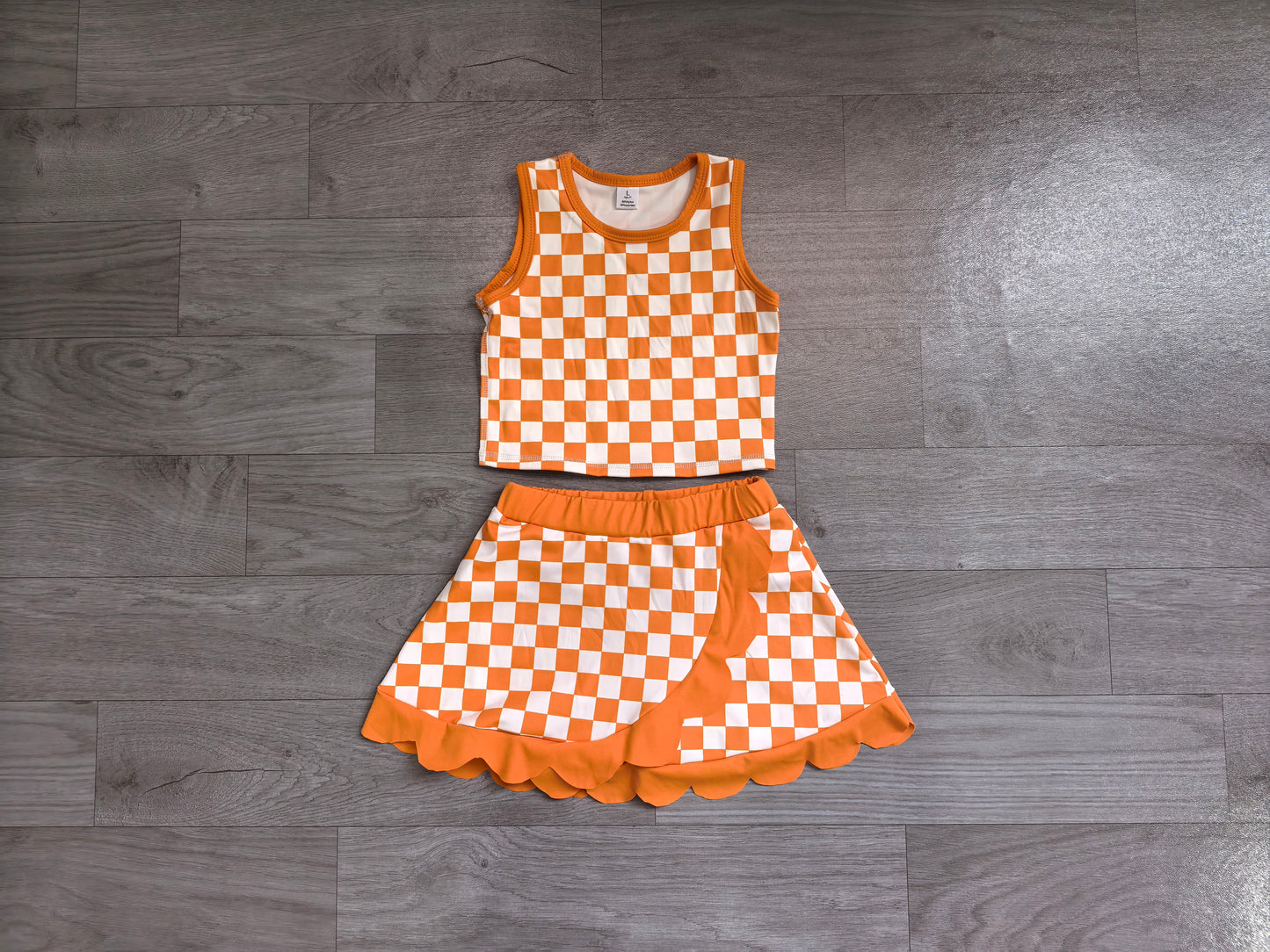 Preorder moq 5 Baby Girls Orange Checked Vest Scallop Skirt Short Yoga Active Clothes Set