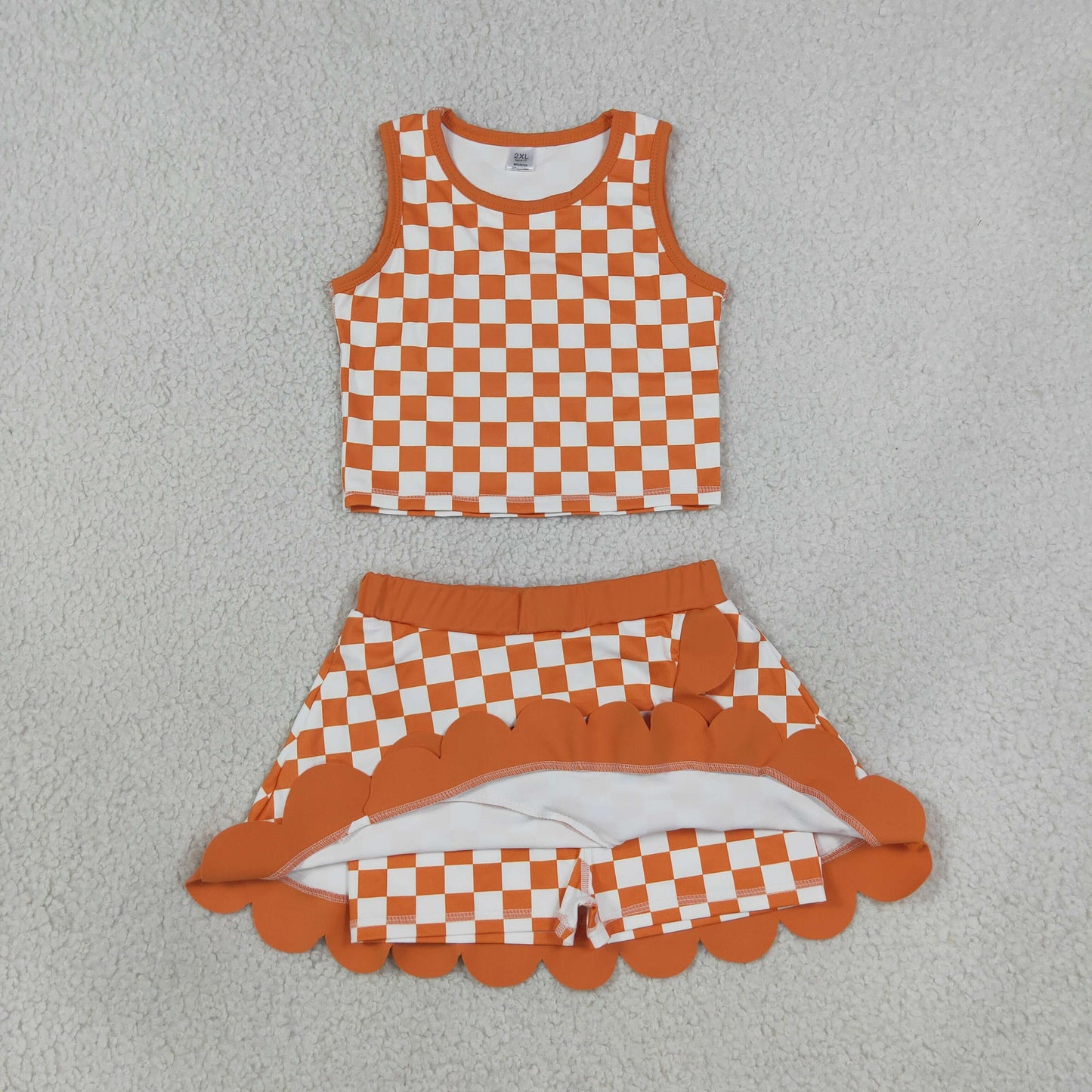 Sibling Baby Girls Colorful Checked Vests Scallop Skirt Short Yoga Active Clothes Sets
