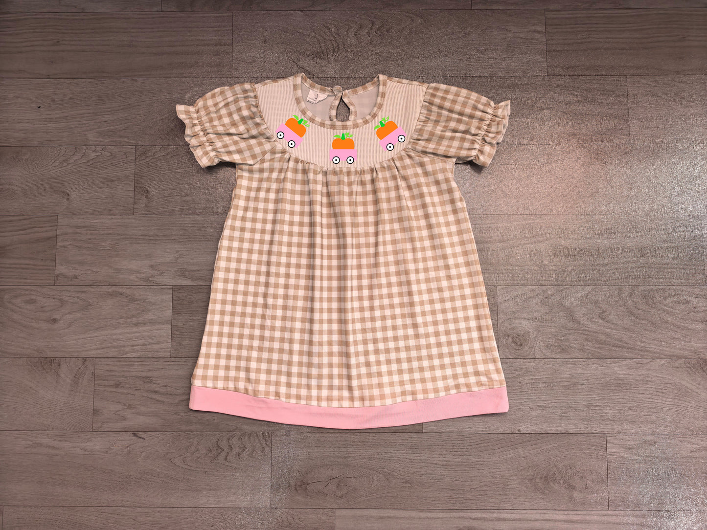 Smocked Pumpkins Trucks Baby Girls Khaki Checked Fall Knee Length Dresses Preorder