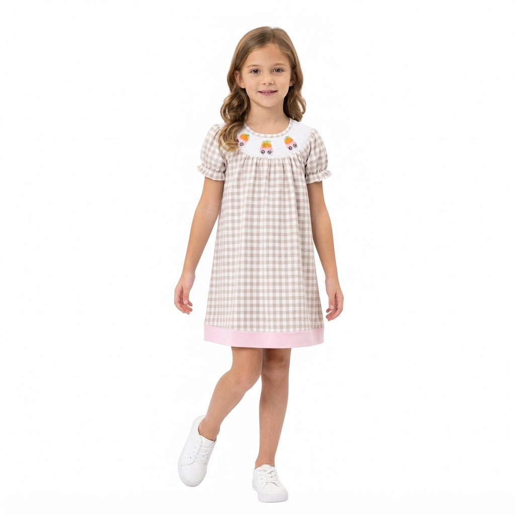 Smocked Pumpkins Trucks Baby Girls Khaki Checked Fall Knee Length Dresses