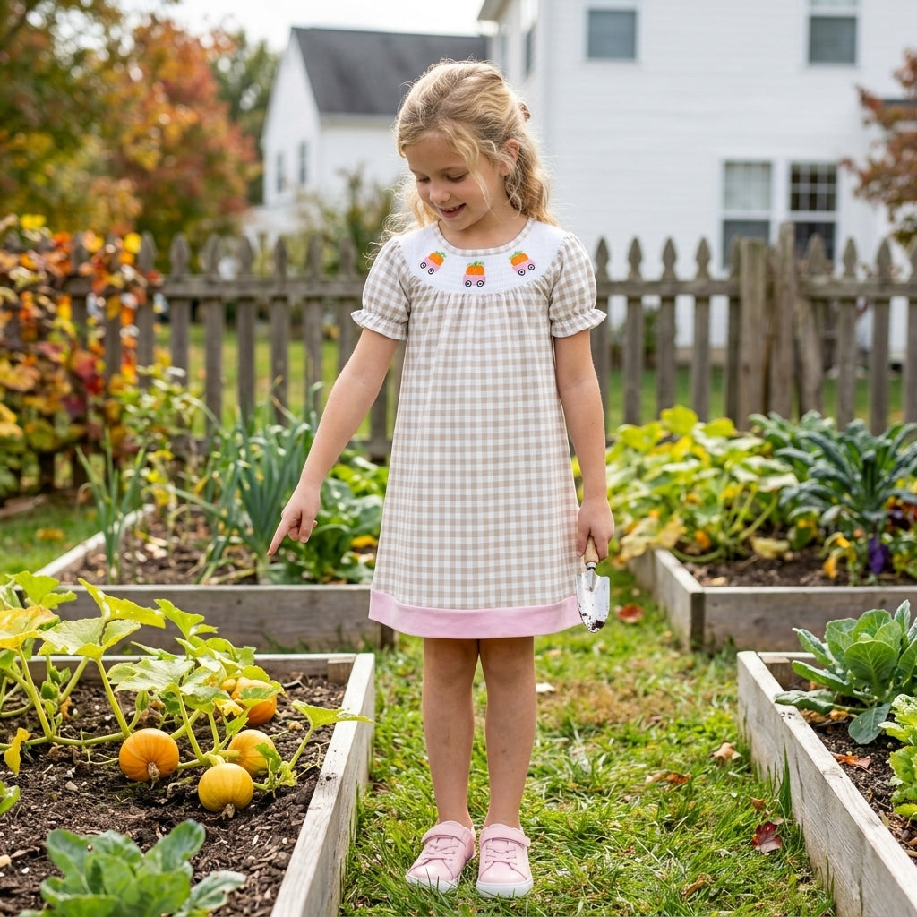 Smocked Pumpkins Trucks Baby Girls Khaki Checked Fall Knee Length Dresses