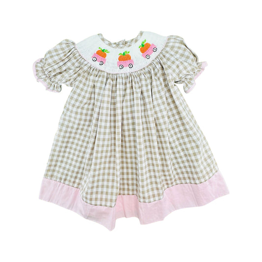 Preorder moq 5 Baby Girls Khaki Checked Pumpkins Trucks Fall Knee Length Dresses