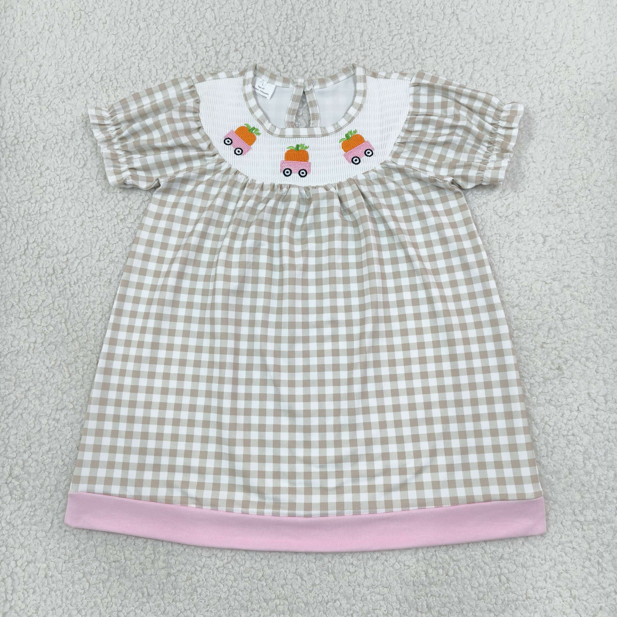 Smocked Pumpkins Trucks Baby Girls Khaki Checked Fall Knee Length Dresses