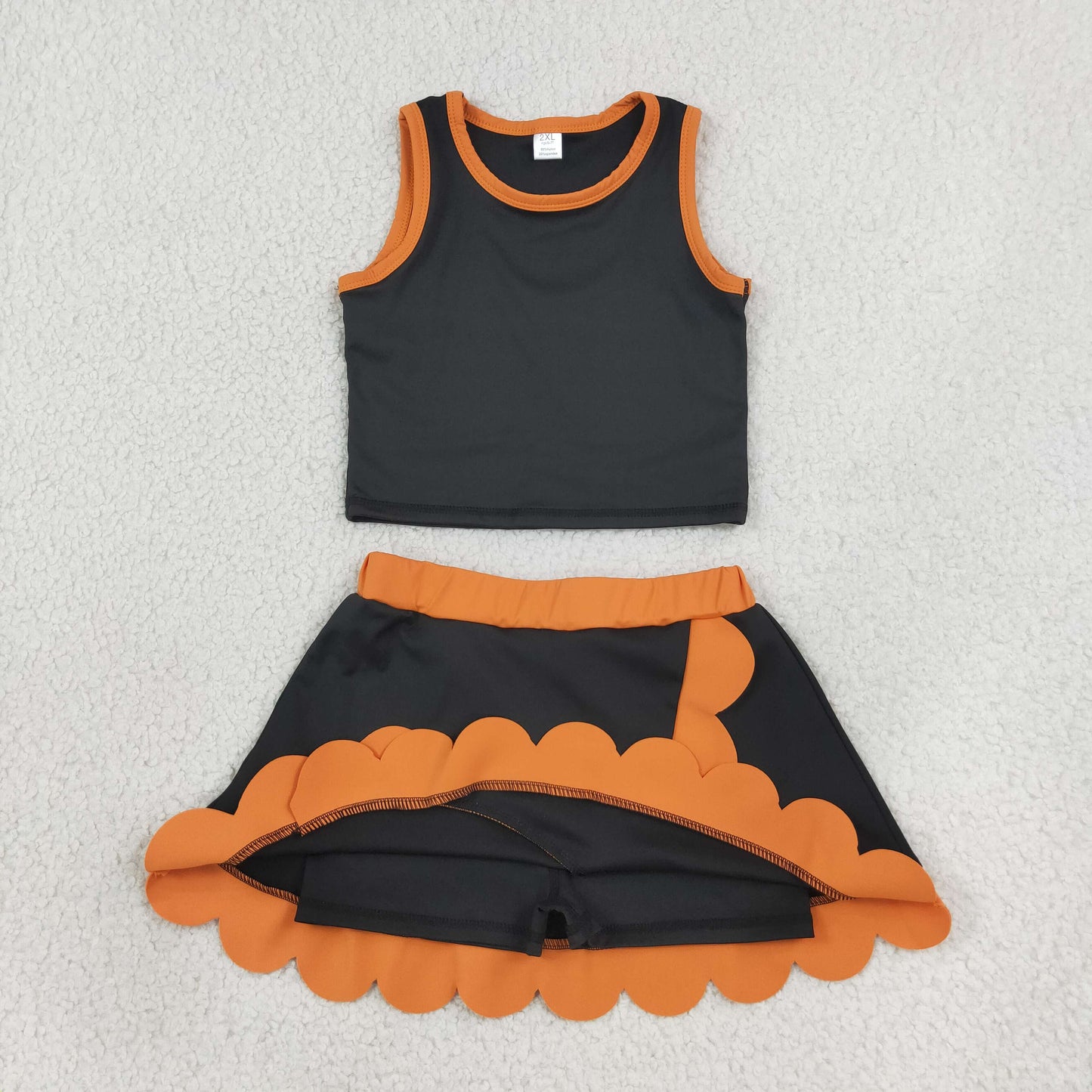 Baby Girls Orange Black Vest Scallop Skirt Short Yoga Active Clothes Set