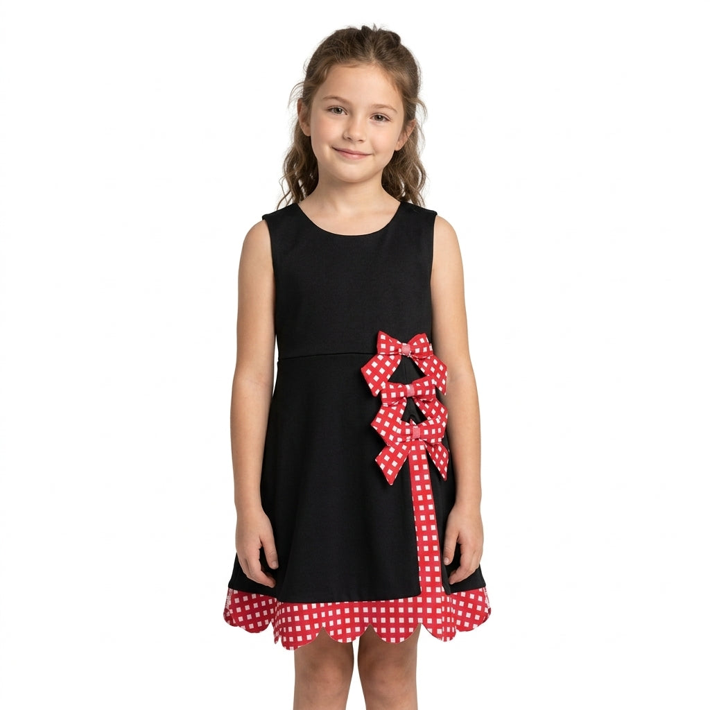 Baby Girls Black Red Yoga Active Short Bows Scallop Knee Length Dress