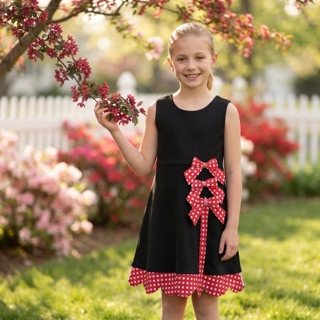 Baby Girls Black Red Yoga Active Short Bows Scallop Knee Length Dress