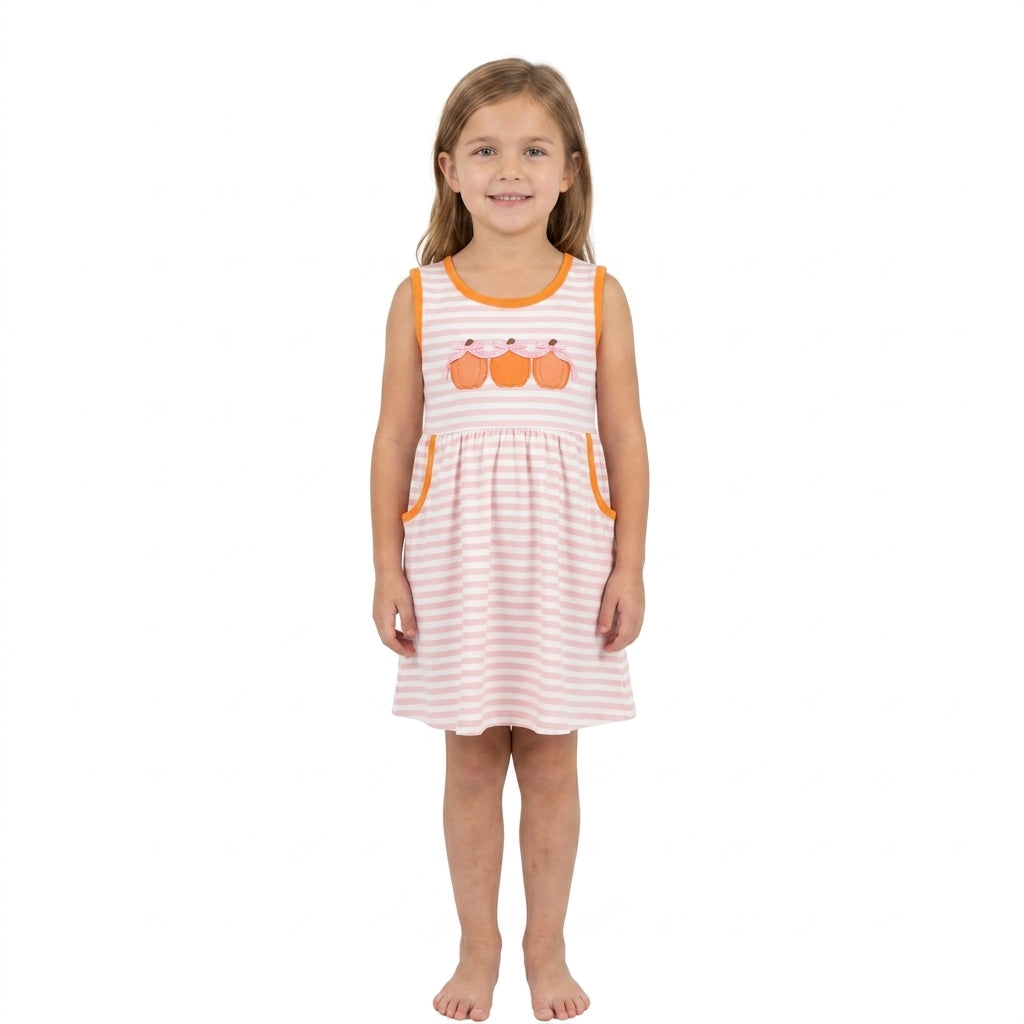 Embroidery Bow Pumpkins Baby Girls Pink Stripe Pockets Fall Knee Length Dress