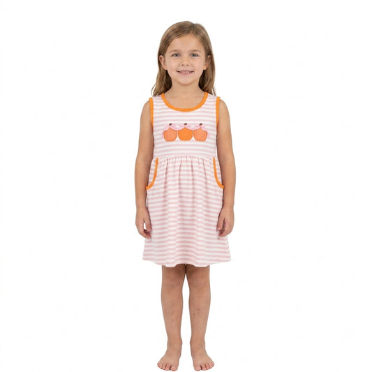 Embroidery Bow Pumpkins Baby Girls Pink Stripe Pockets Fall Knee Length Dress