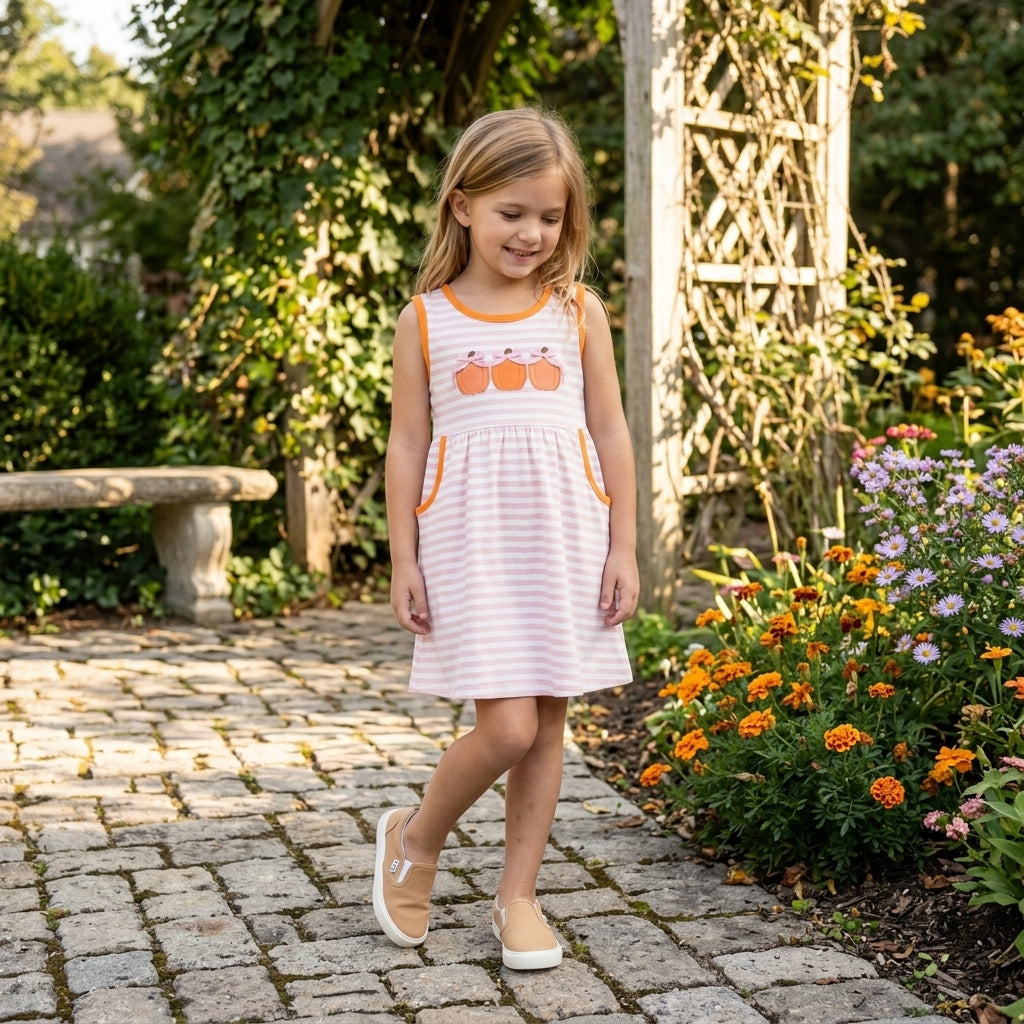 Embroidery Bow Pumpkins Baby Girls Pink Stripe Pockets Fall Knee Length Dress