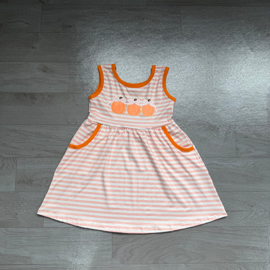 Embroidery Bow Pumpkins Baby Girls Stripe Fall Pockets Knee Length Dress Preorder