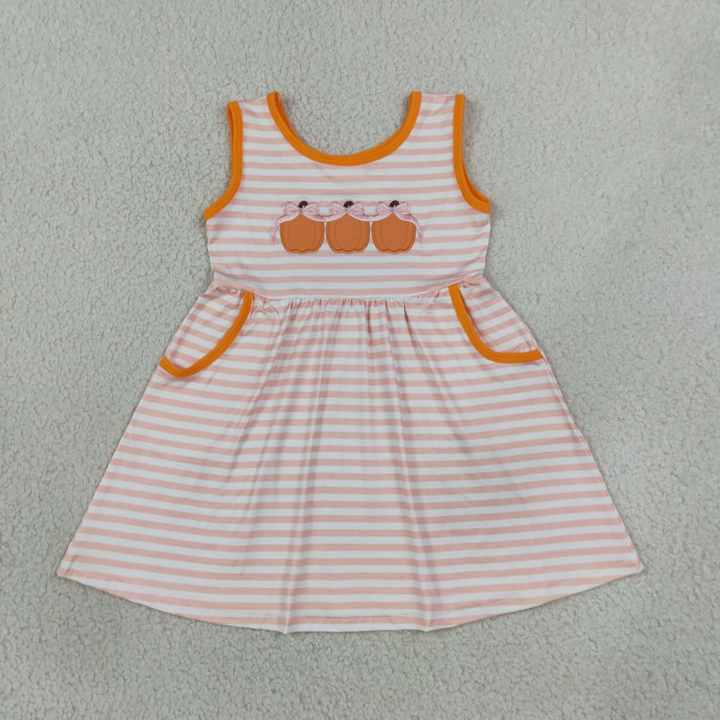 Embroidery Bow Pumpkins Baby Girls Pink Stripe Pockets Fall Knee Length Dress