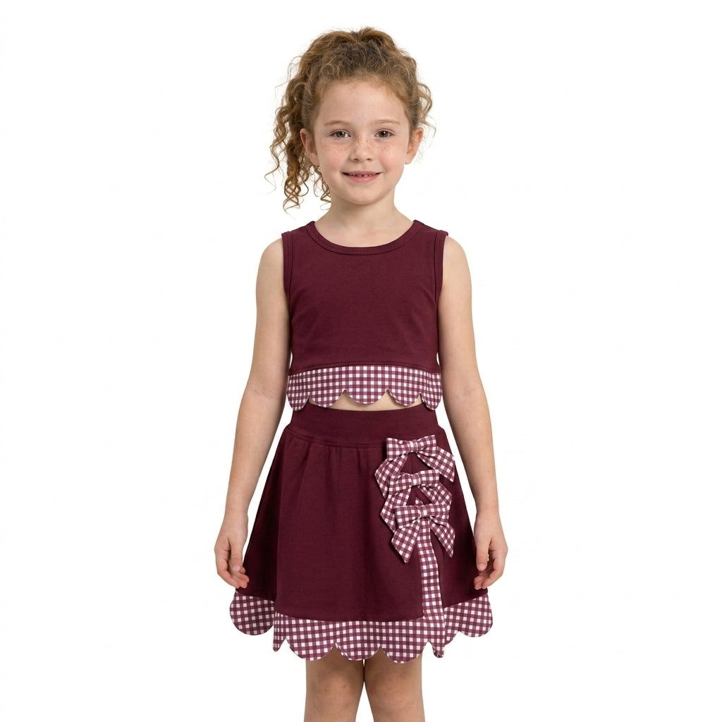 Baby Girls Maroon Vests Bows Skirt Short Yoga Active Scallop Clothes Set