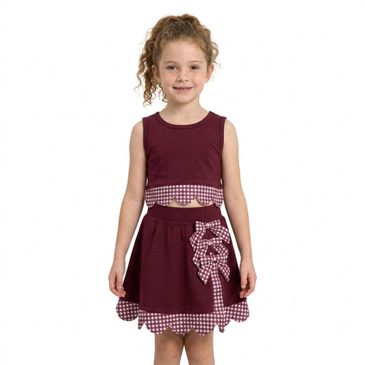 Baby Girls Maroon Vests Bows Skirt Short Yoga Active Scallop Clothes Set