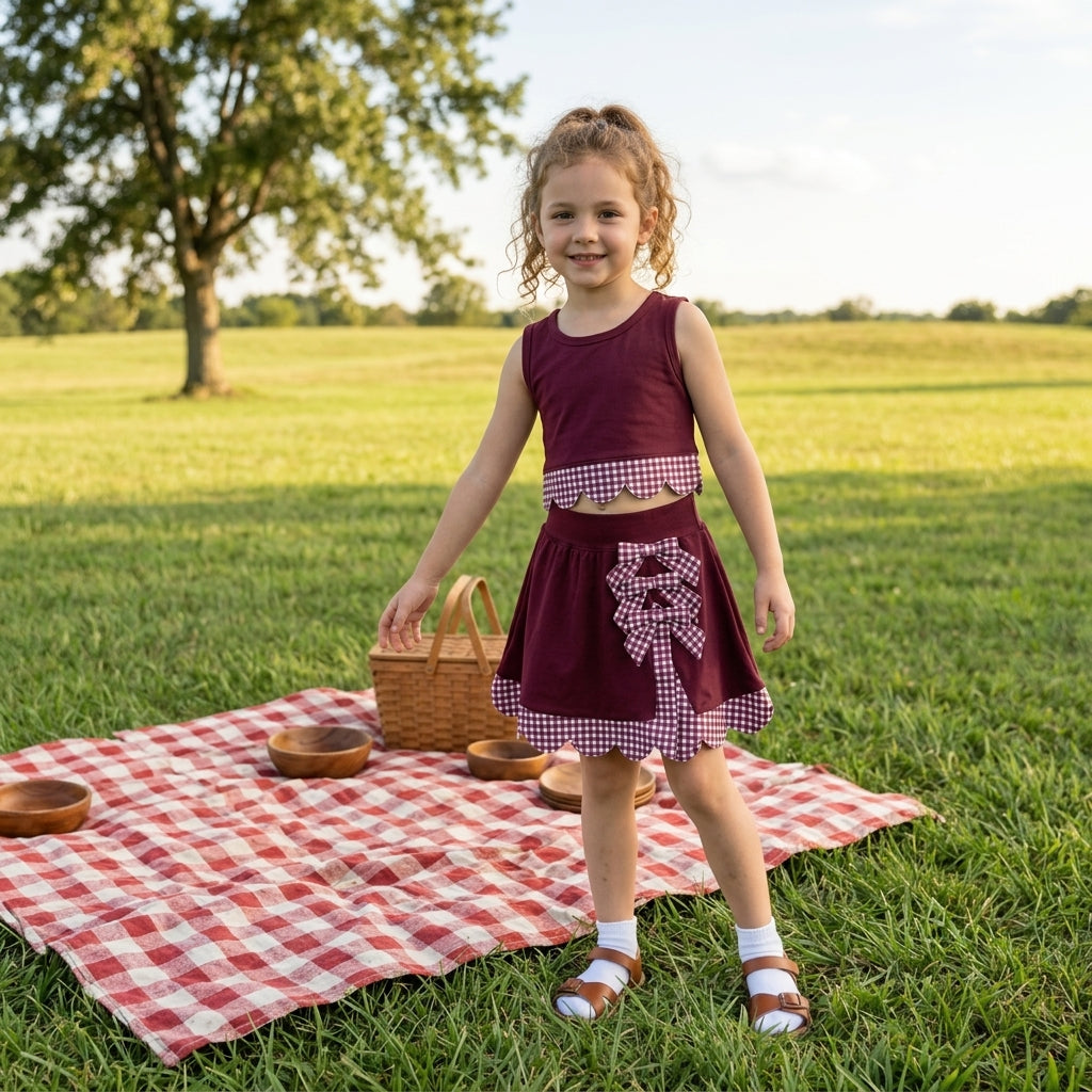 Baby Girls Maroon Vests Bows Skirt Short Yoga Active Scallop Clothes Set