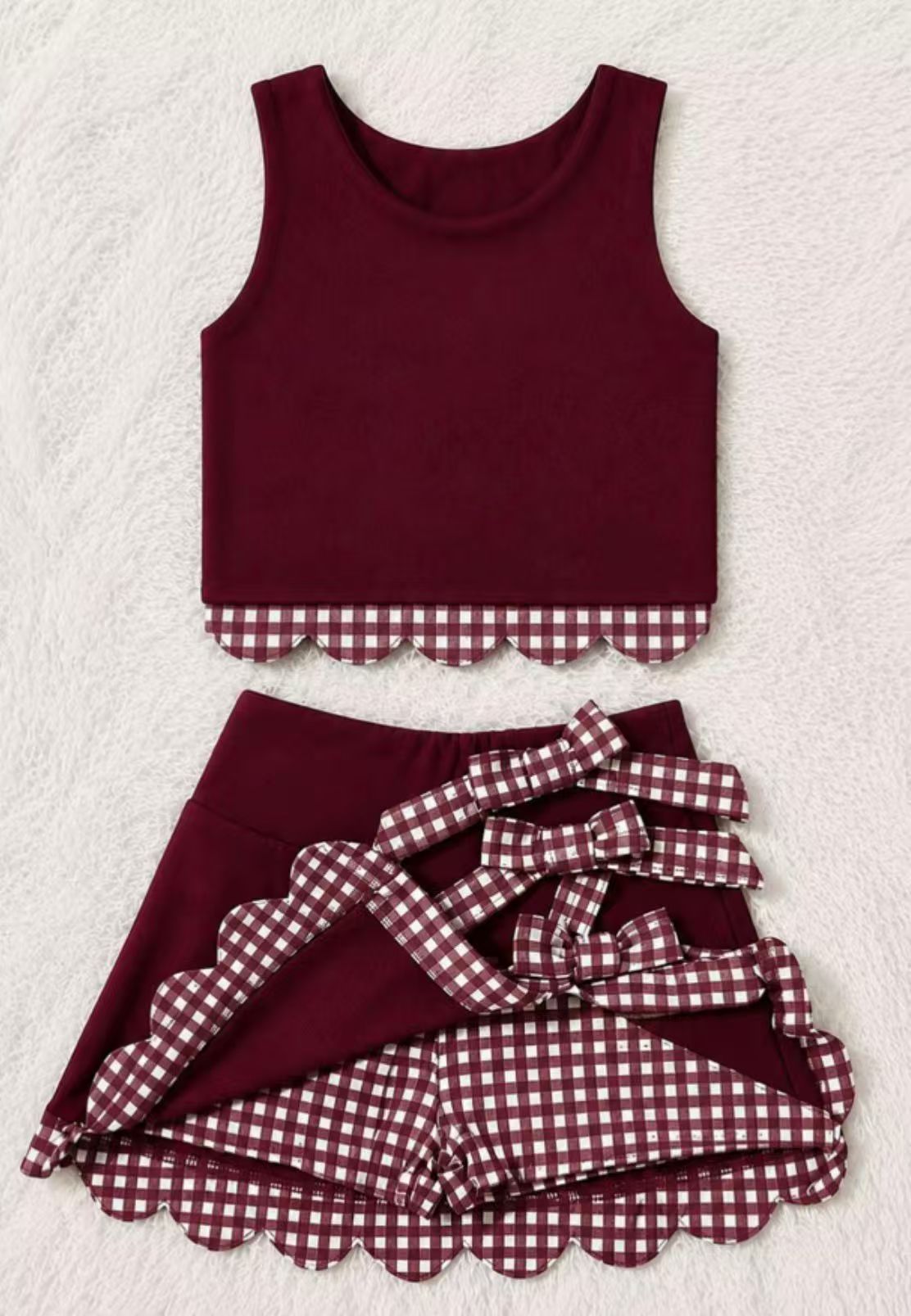 Preorder moq 5 Baby Girls Maroon Vest Top Bows Skirt Short Yoga Active Scallop Clothes Set