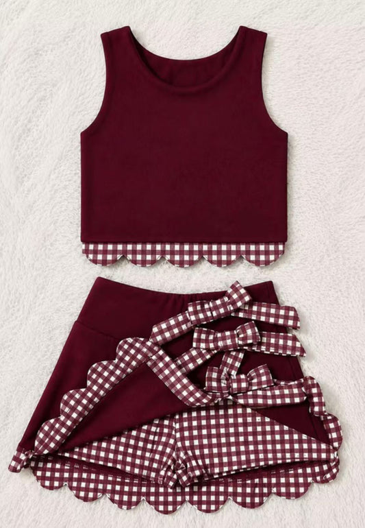 Baby Girls Maroon Vest Top Bows Skirt Short Yoga Active Scallop Clothes Set Preorder