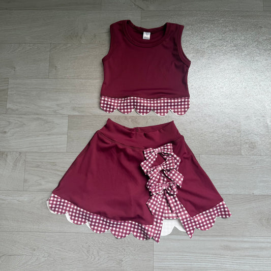 Baby Girls Maroon Vest Top Bows Skirt Short Yoga Active Scallop Clothes Set Preorder