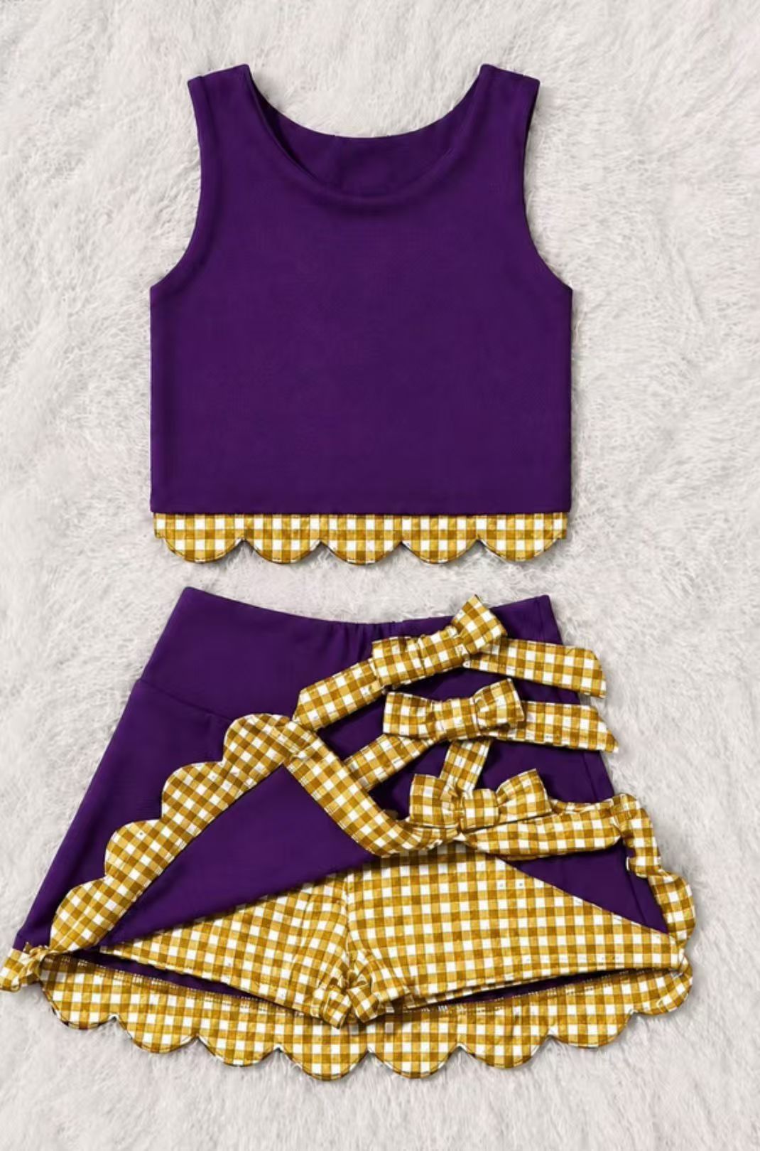 Preorder moq 5 Baby Girls Purple Yellow Vest Bows Skirt Short Yoga Active Scallop Clothes Set