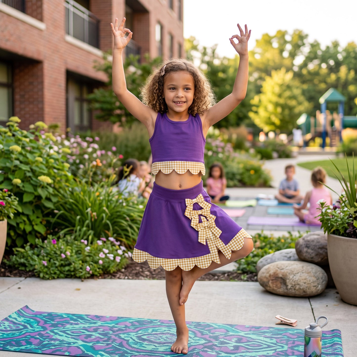 Baby Girls Purple Gold Vest Bows Skirt Short Yoga Active Scallop Clothes Set