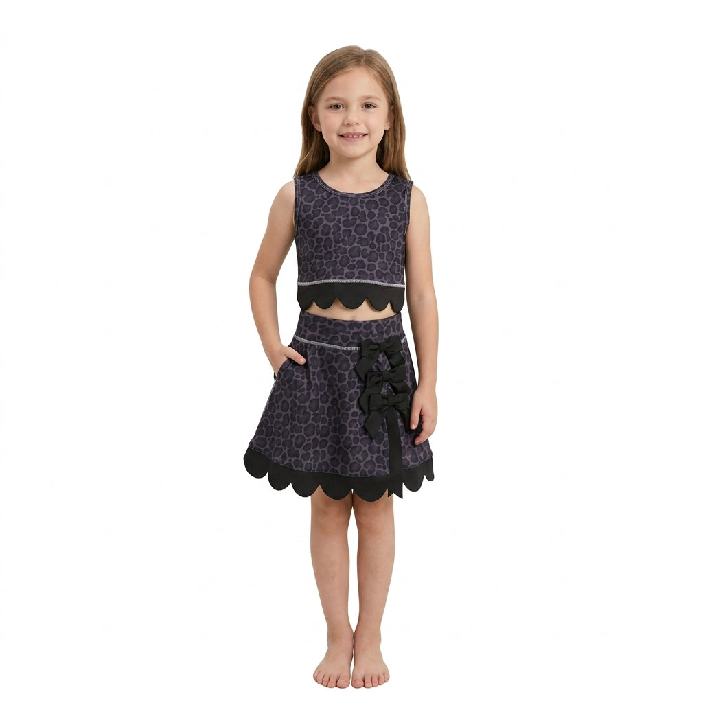 Baby Girls Black Leopard Vest Bows Skirt Short Yoga Active Scallop Clothes Set