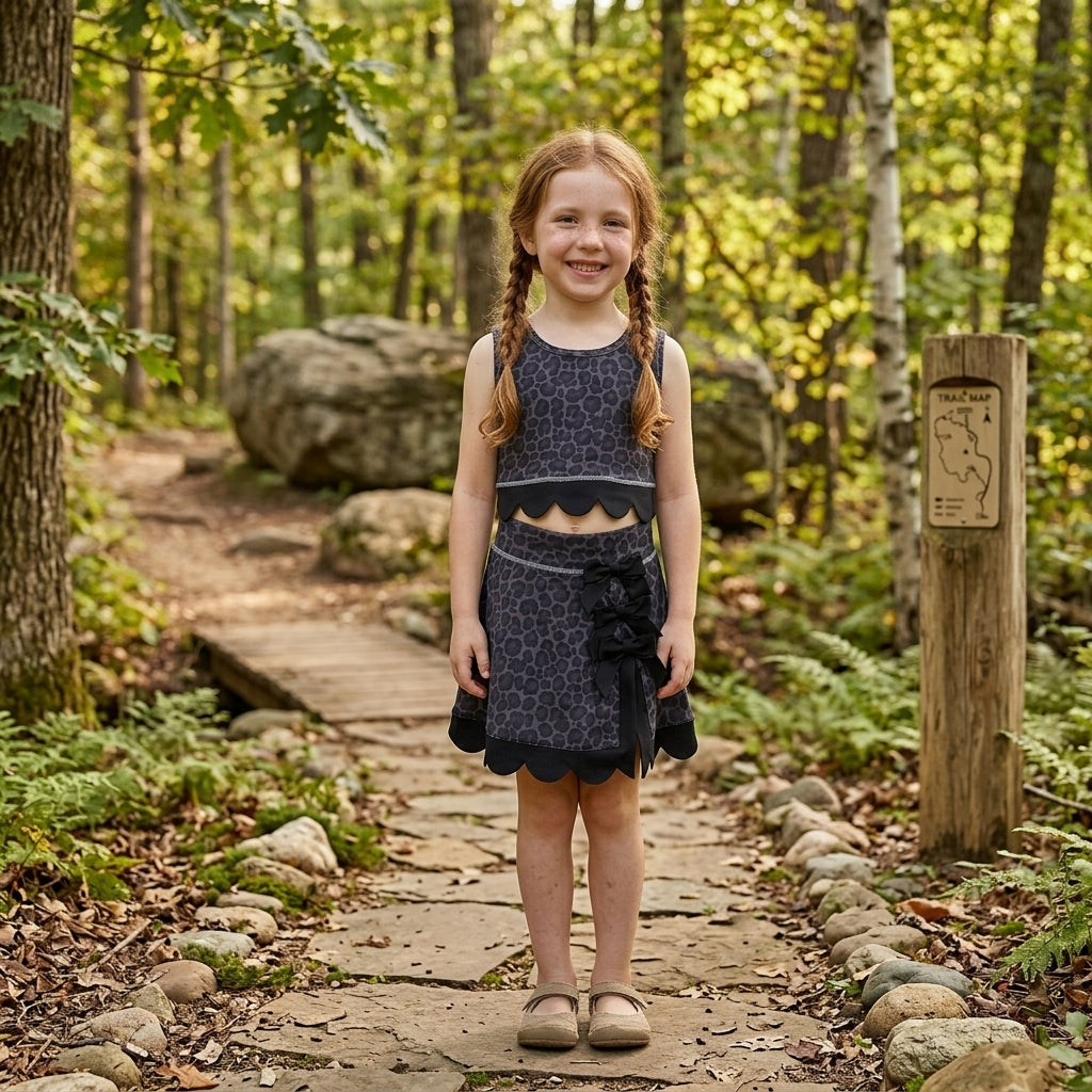 Baby Girls Black Leopard Vest Bows Skirt Short Yoga Active Scallop Clothes Set