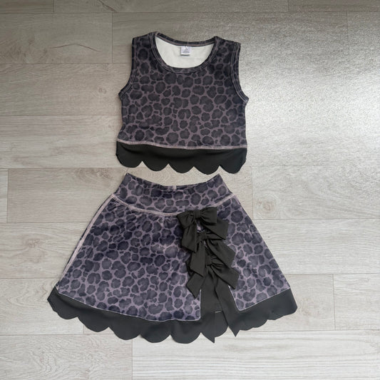 Baby Girls Black Leopard Vest Bows Skirt Short Yoga Active Scallop Set Preorder