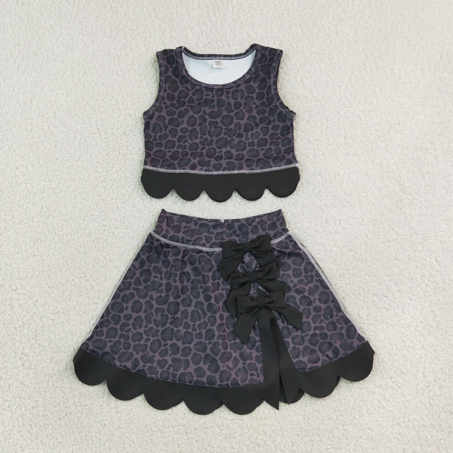 Baby Girls Black Leopard Vest Bows Skirt Short Yoga Active Scallop Clothes Set
