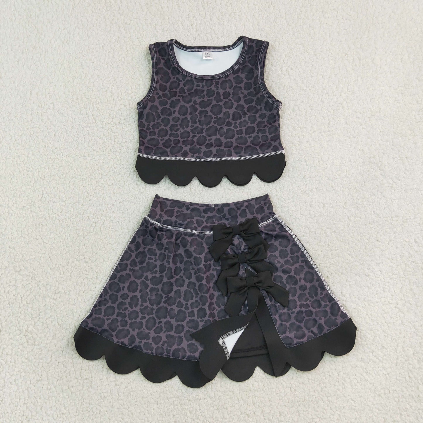 Baby Girls Black Leopard Vest Bows Skirt Short Yoga Active Scallop Clothes Set