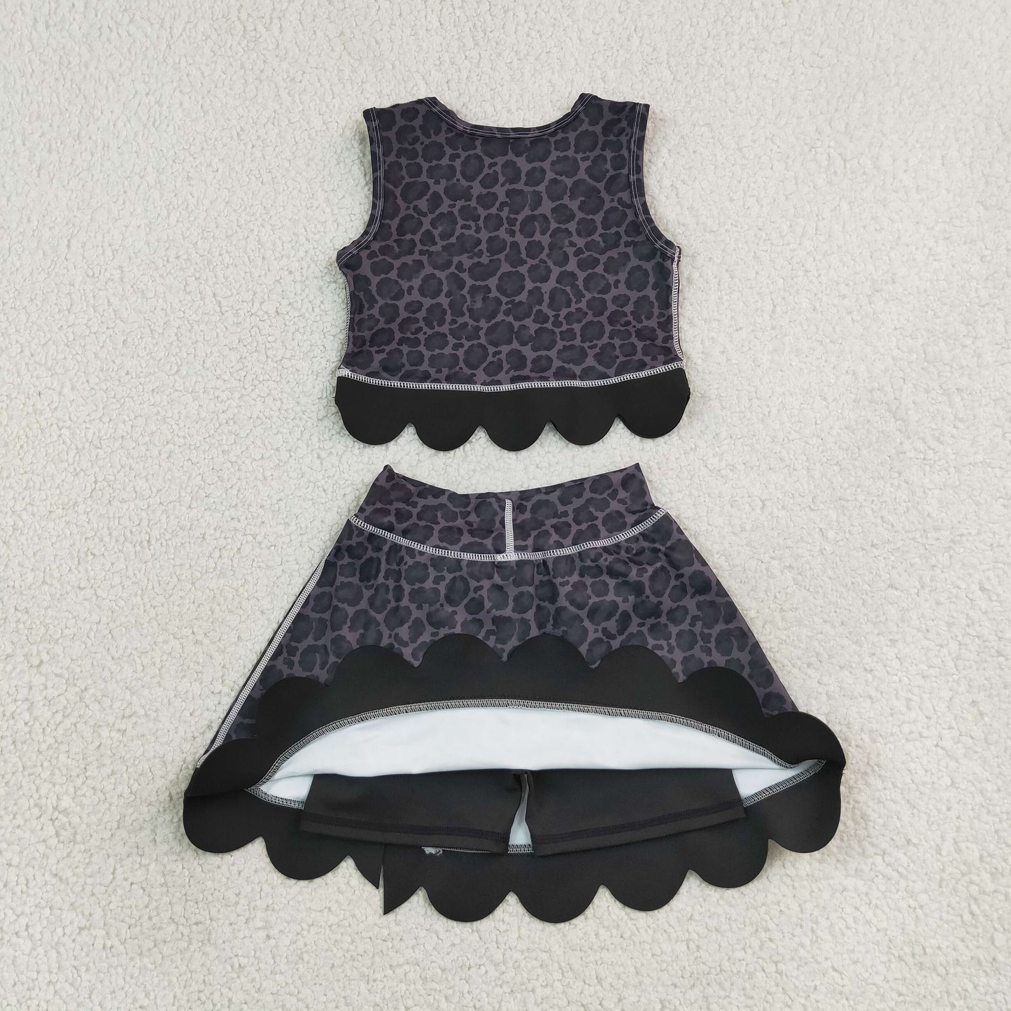 Baby Girls Black Leopard Vest Bows Skirt Short Yoga Active Scallop Clothes Set