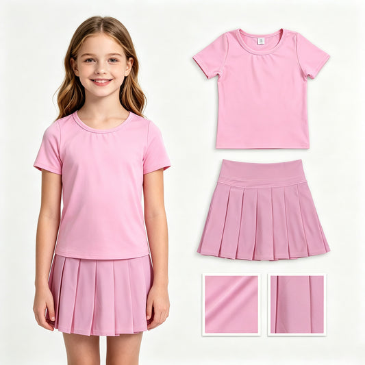 Baby Girls Pink Short Sleeve Shirt Top Pleated Skirt Short Yoga Active Clothes Sets