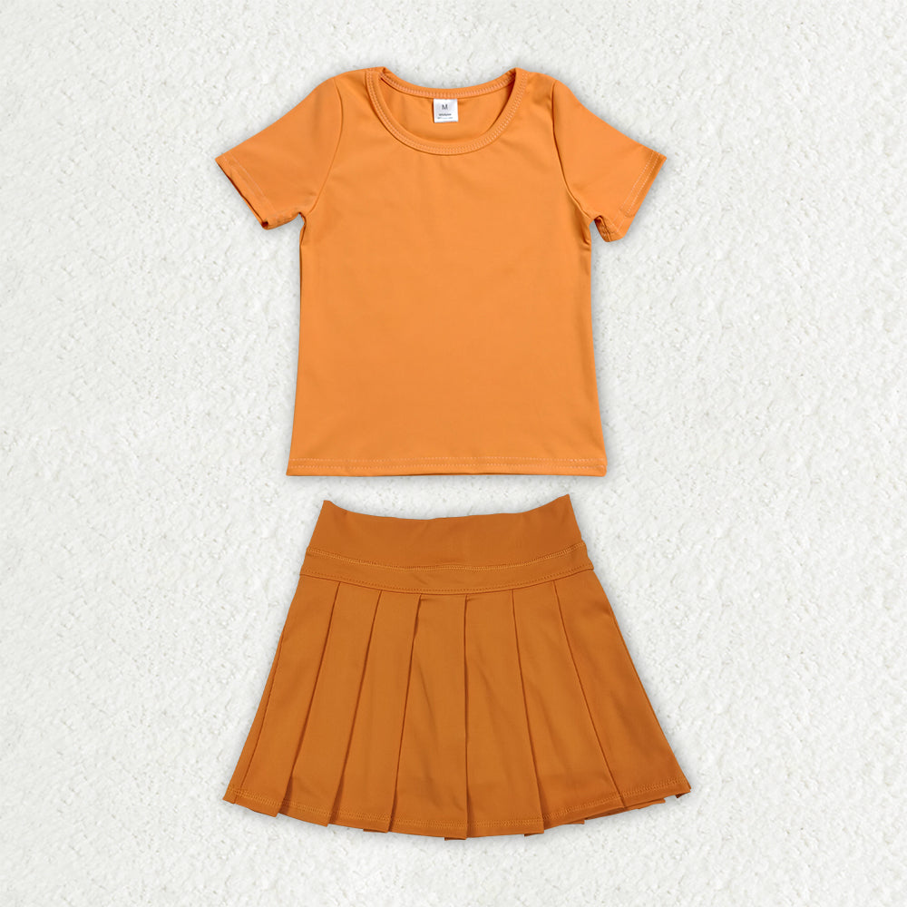Baby Girls Orange Short Sleeve Shirt Top Pleated Skirt Short Yoga Active Clothes Sets
