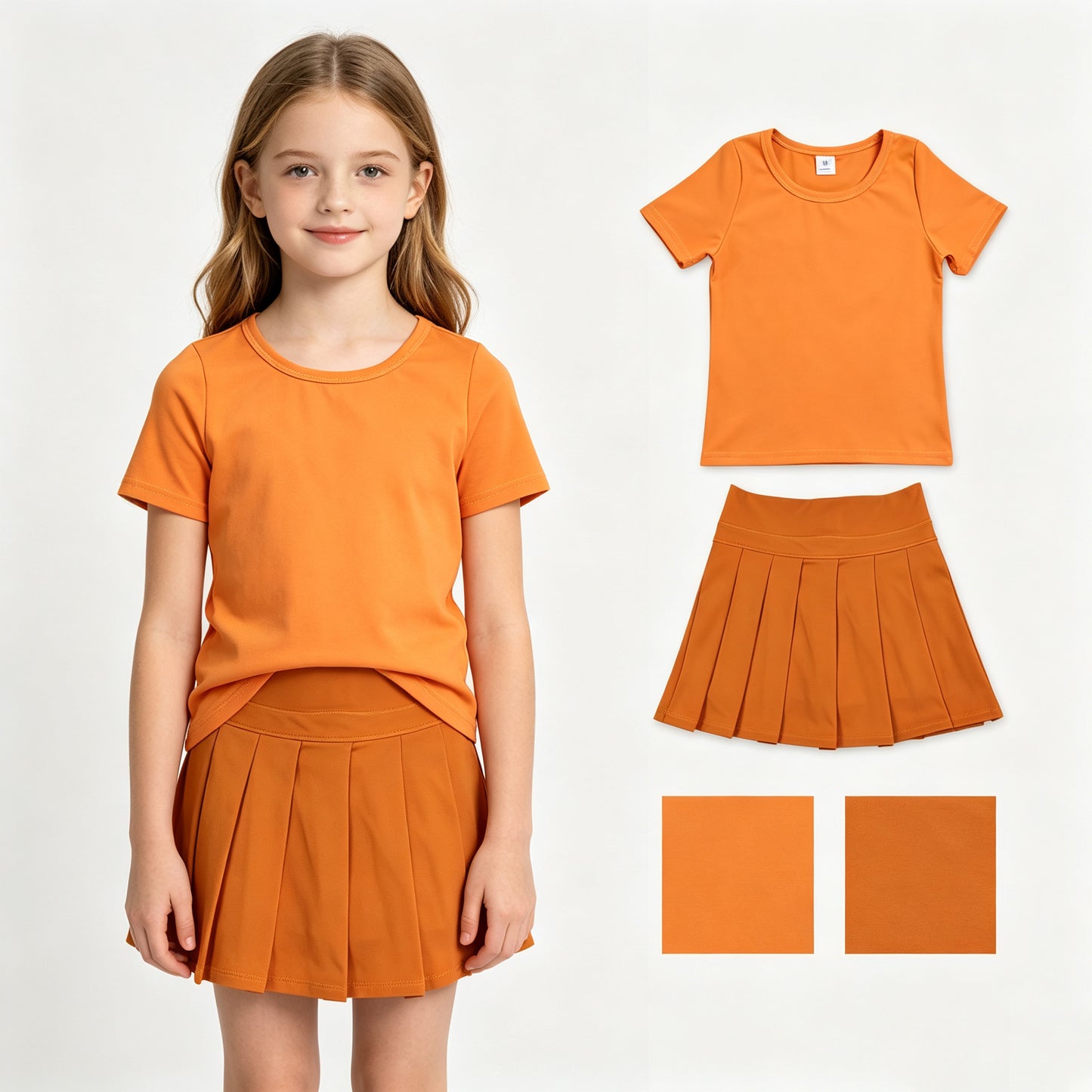 Baby Girls Orange Short Sleeve Shirt Top Pleated Skirt Short Yoga Active Clothes Sets