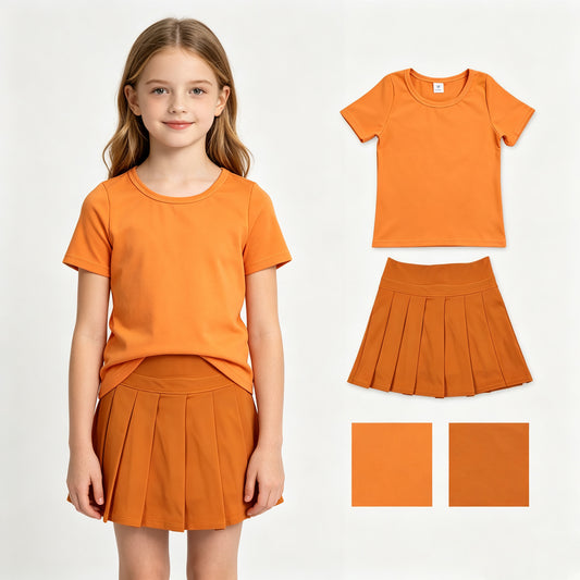 Baby Girls Orange Short Sleeve Shirt Top Pleated Skirt Short Yoga Active Clothes Sets