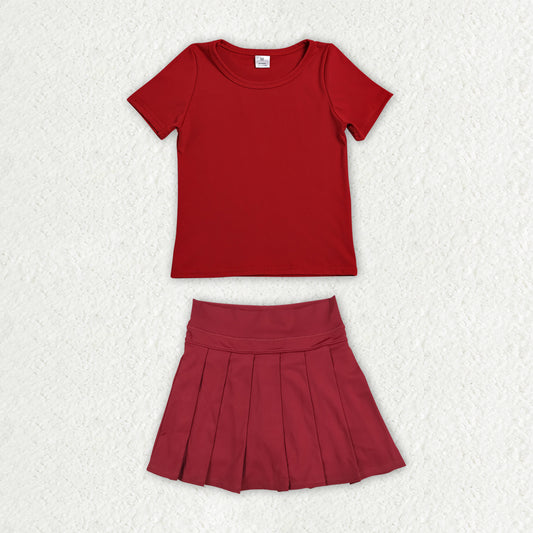 Baby Girls Red Short Sleeve Shirt Top Pleated Skirt Short Yoga Active Clothes Sets