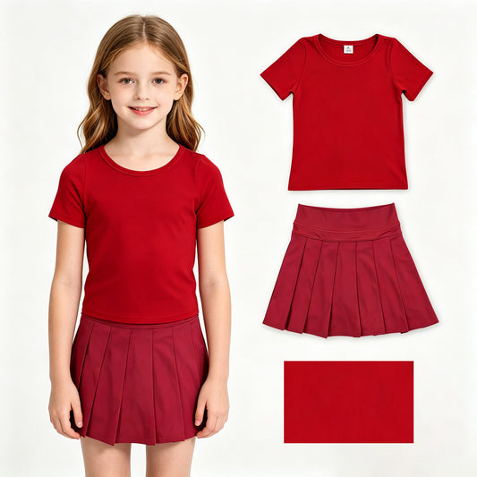 Baby Girls Red Short Sleeve Shirt Top Pleated Skirt Short Yoga Active Clothes Sets