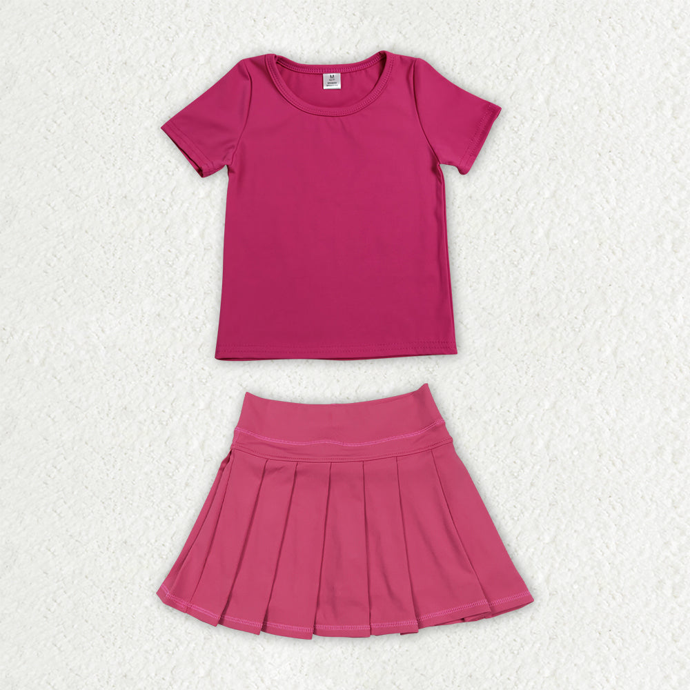 Baby Girls Hot Pink Short Sleeve Shirt Top Pleated Skirt Short Yoga Active Clothes Sets