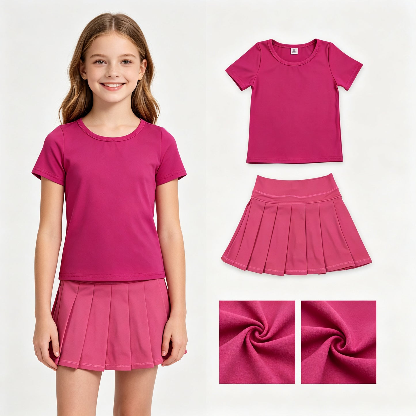 Baby Girls Hot Pink Short Sleeve Shirt Top Pleated Skirt Short Yoga Active Clothes Sets