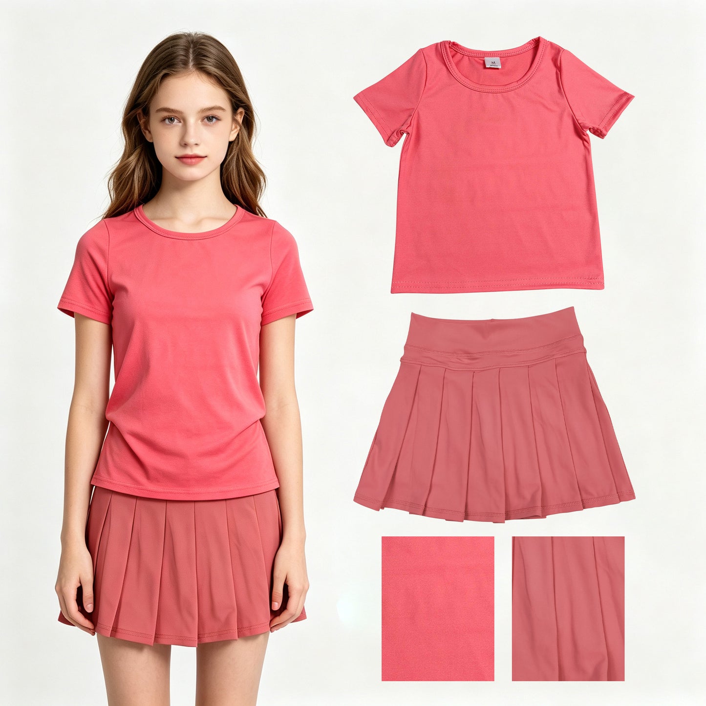 Baby Girls Peach Short Sleeve Shirt Top Pleated Skirt Short Yoga Active Clothes Sets