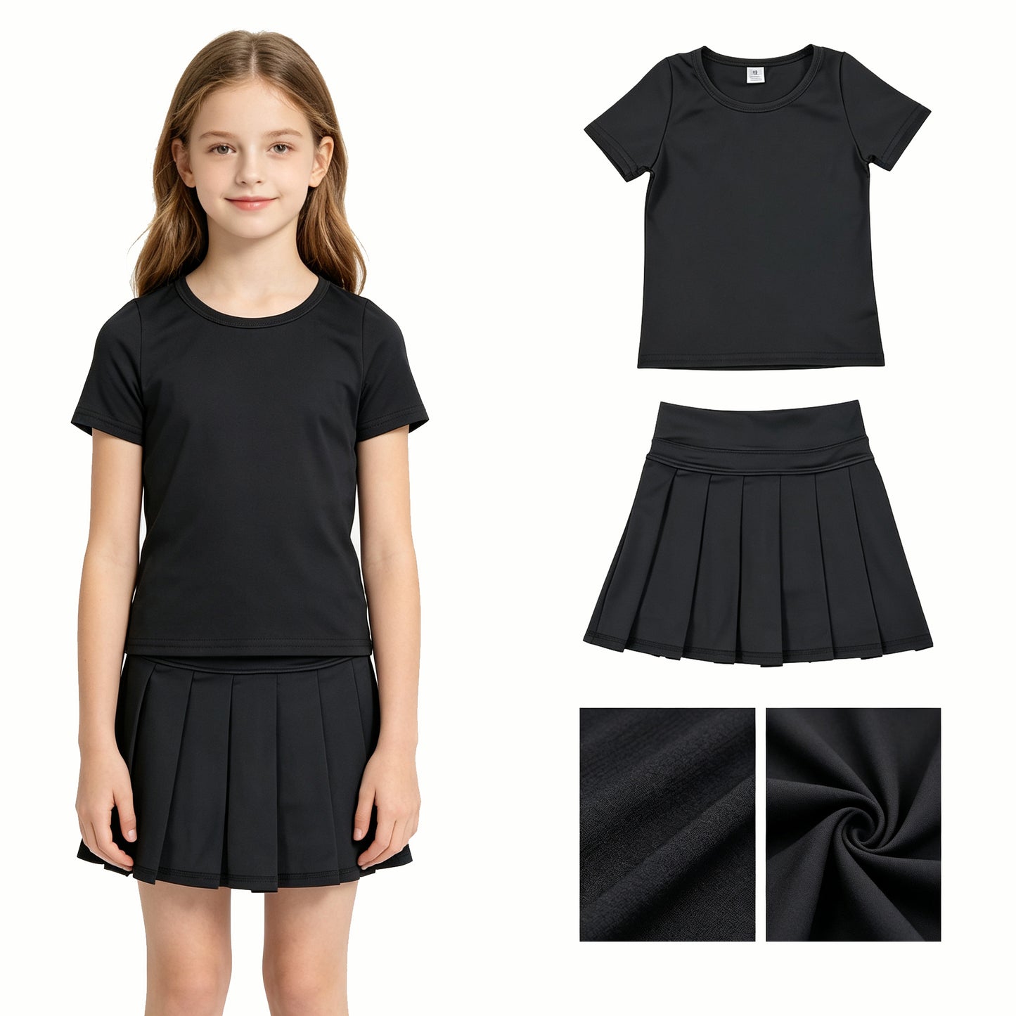 Baby Girls Black Short Sleeve Shirt Top Pleated Skirt Short Yoga Active Clothes Sets