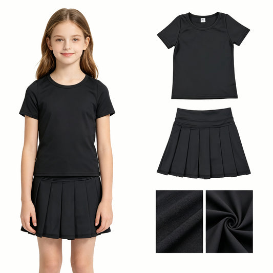 Baby Girls Black Short Sleeve Shirt Top Pleated Skirt Short Yoga Active Clothes Sets