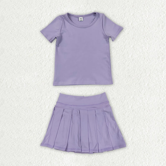 Baby Girls Lavender Short Sleeve Shirt Top Pleated Skirt Short Yoga Active Clothes Sets