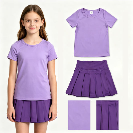 Baby Girls Purple Short Sleeve Shirt Top Pleated Skirt Short Yoga Active Clothes Sets