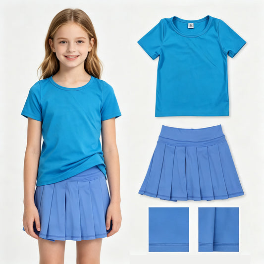 Baby Girls Hot Blue Short Sleeve Shirt Top Pleated Skirt Short Yoga Active Clothes Sets