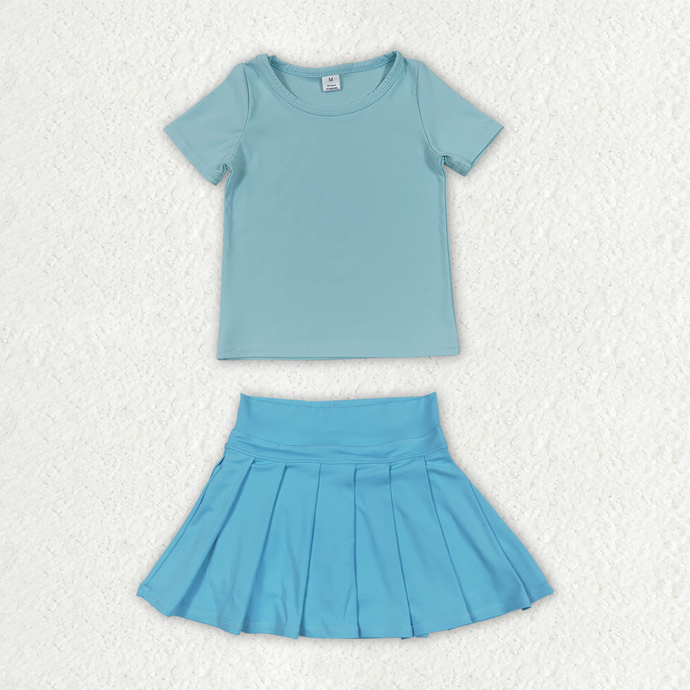 Baby Girls Blue Short Sleeve Shirt Top Pleated Skirt Short Yoga Active Clothes Sets